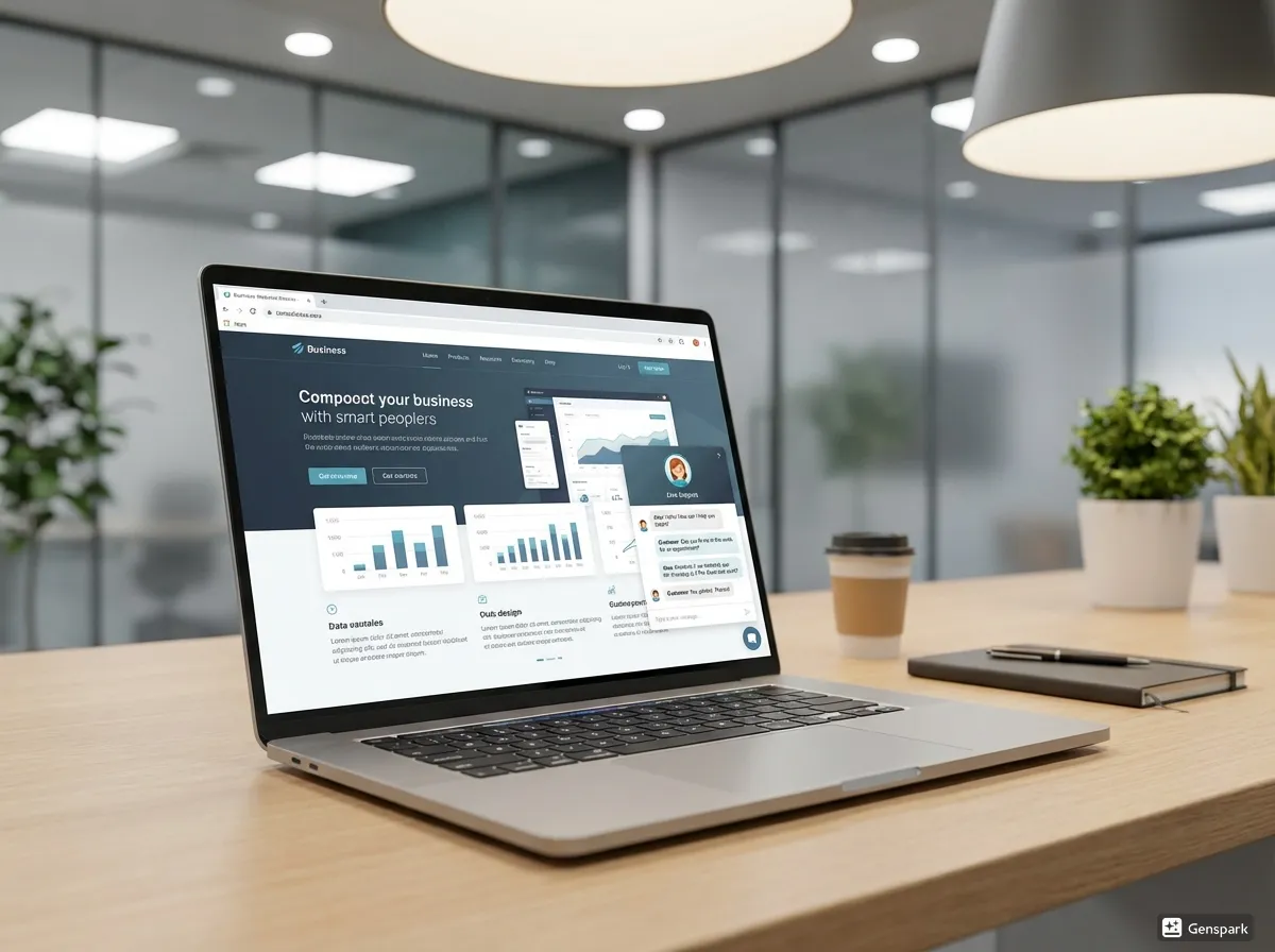 A laptop displaying an active AI chat widget with a real-time conversation history showing automated responses to a website visitor.