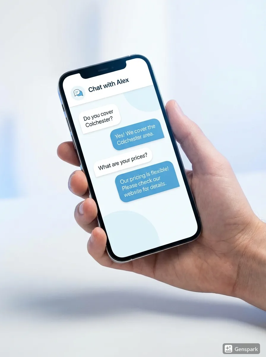 Mobile phone screen showing a live automated conversation between a new lead and a website AI chatbot, demonstrating instant lead engagement and mobile-friendly support.