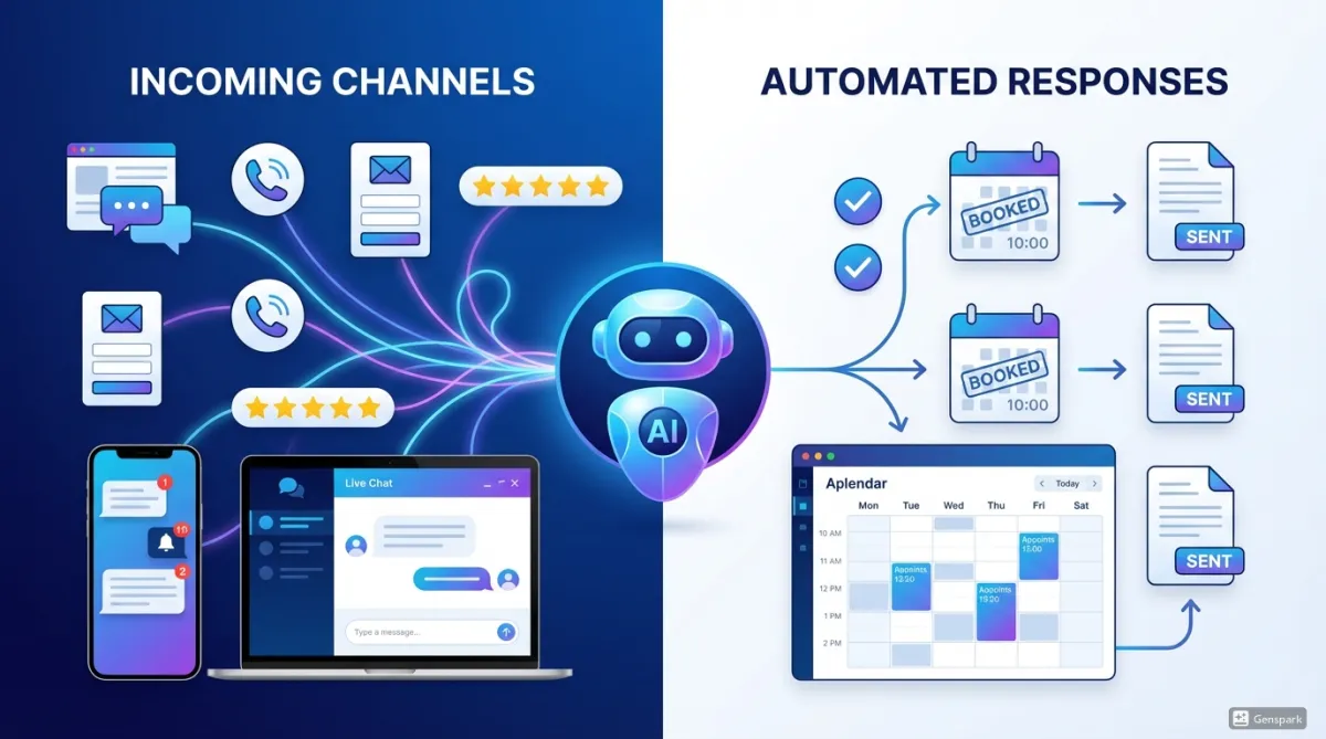 Automated lead management system showing multi-channel inquiries from SMS, Email, and Social Media being instantly answered by AI automation to ensure no lead is missed.