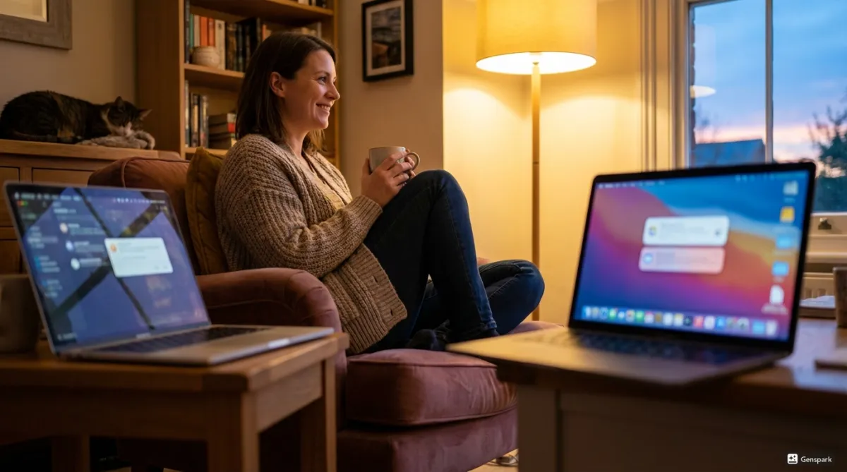 A relaxed business owner watching TV at night while her AI website assistant instantly answers a customer’s 9:00 PM inquiry about her services.