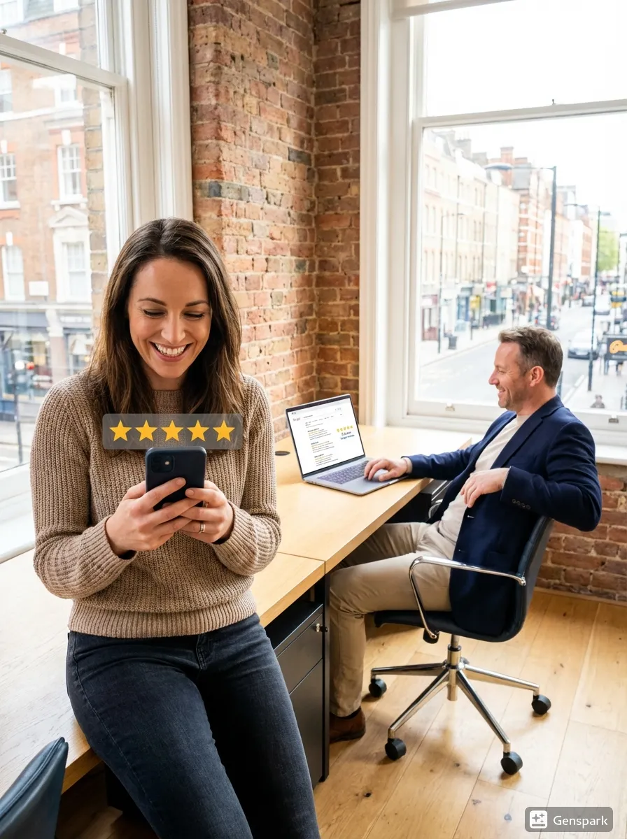 Smiling business owner checking her mobile phone and celebrating a new 5-star Google review notification for her local business.