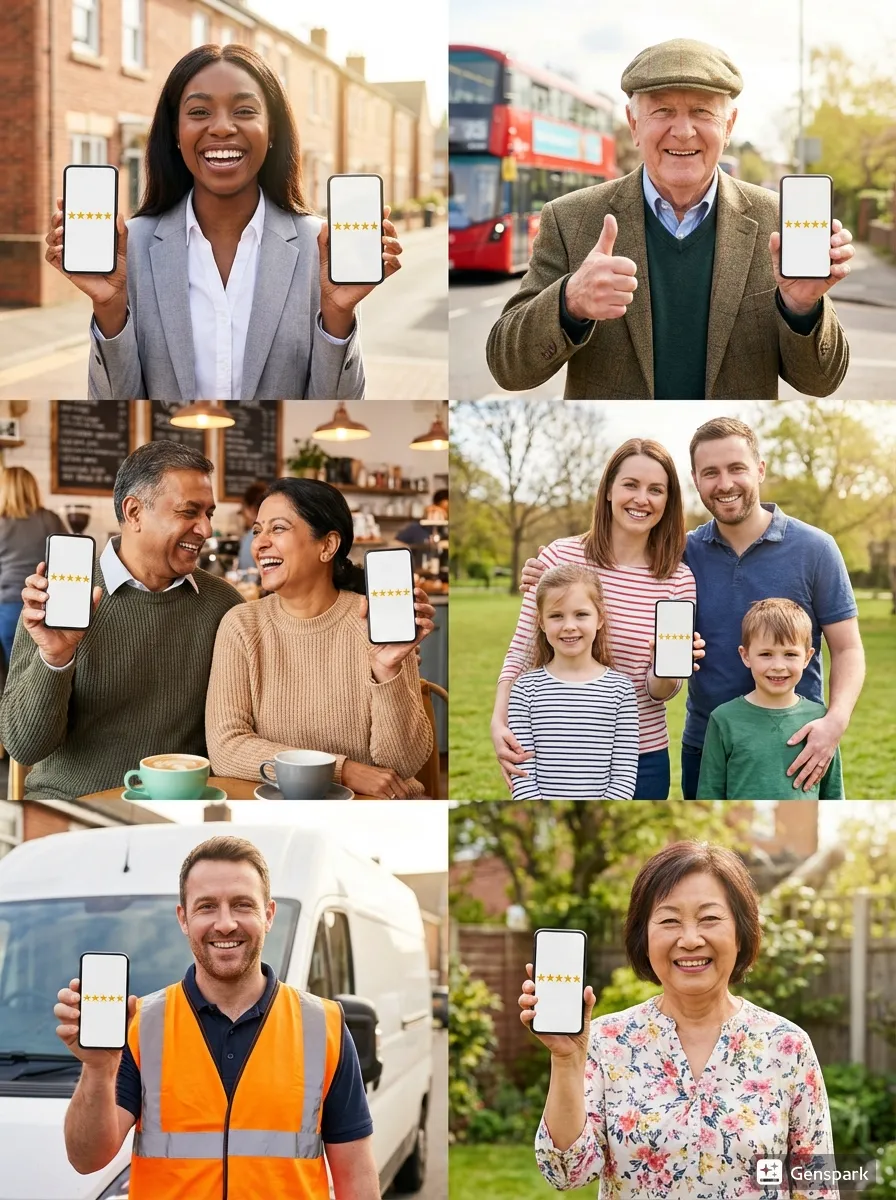 A group of diverse UK business owners in trades, health, beauty, and professional services holding iPhones displaying 5-star Google reviews to showcase their local reputation and customer trust.