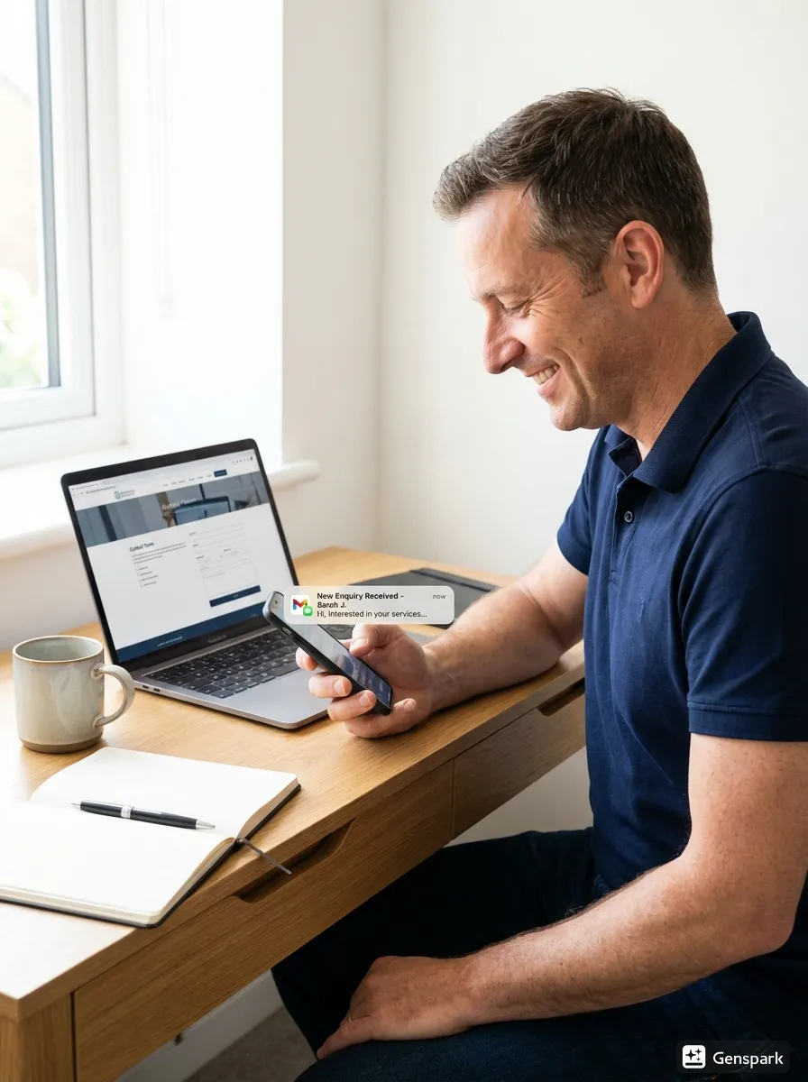Confident business owner receiving an instant lead notification on his phone, knowing his automated system has already contacted the prospect to prevent them from going to a competitor.