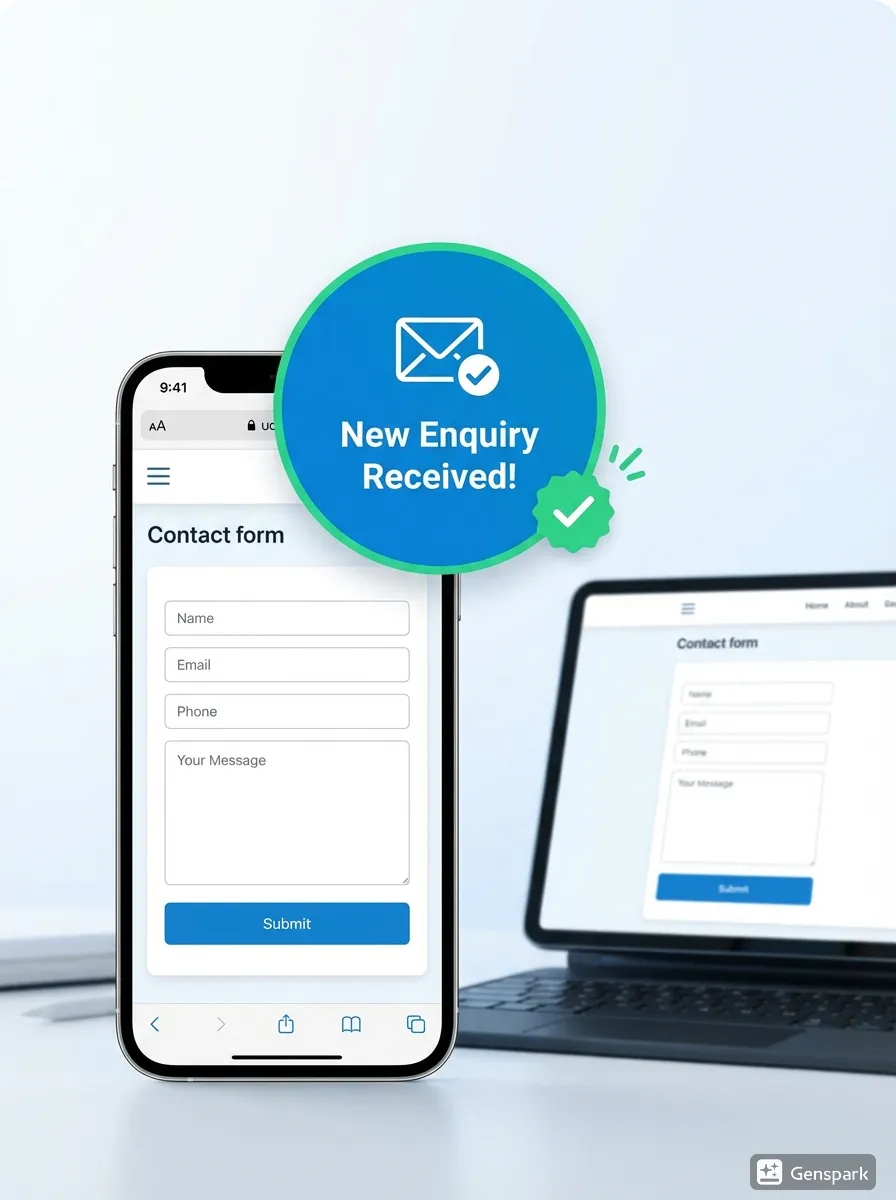 A split-screen display of an iPad showing a completed website contact form and an iPhone receiving an instant automated SMS confirmation to provide immediate lead engagement.