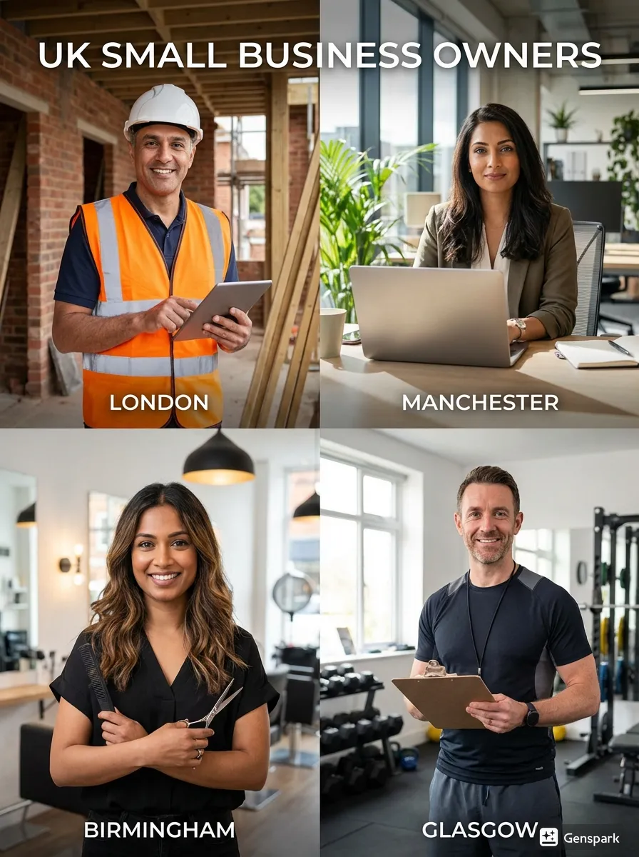 A group of diverse entrepreneurs from London, Manchester, Birmingham, and Glasgow successfully using automated contact form follow-ups to ensure every local business inquiry is answered instantly without stress.