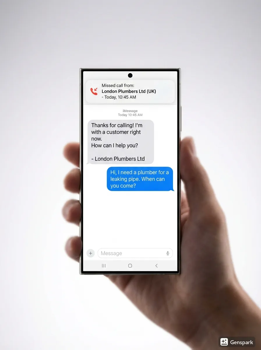 A smartphone screen showing an automated missed call text back from a plumber and a customer’s instant reply describing their service needs, demonstrating immediate lead engagement.