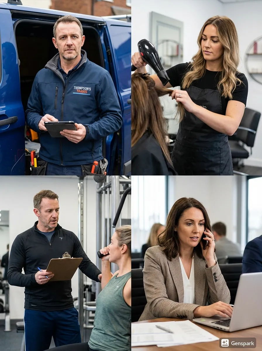 A group of diverse UK tradespeople and business owners focused on their work, confident that every missed call is being handled by an automated text back service