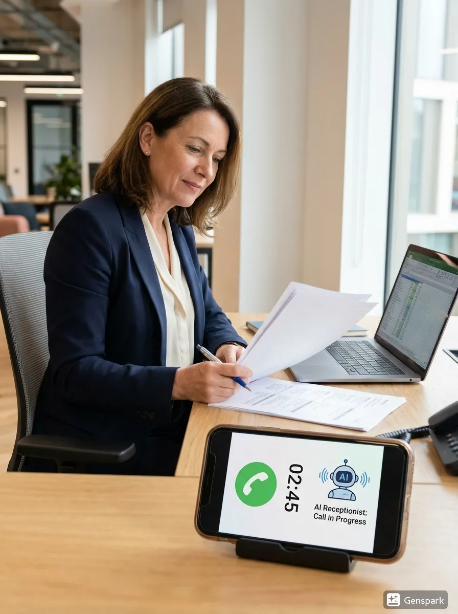 A professional business woman staying focused on her work while her smartphone receives an incoming call that is being handled seamlessly by an AI voice receptionist