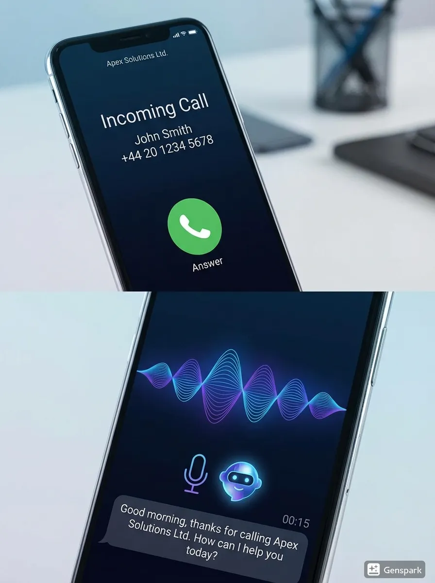 A split-screen view showing a customer making an incoming business call on one side and the Voice AI receptionist answering and processing the request instantly on the other