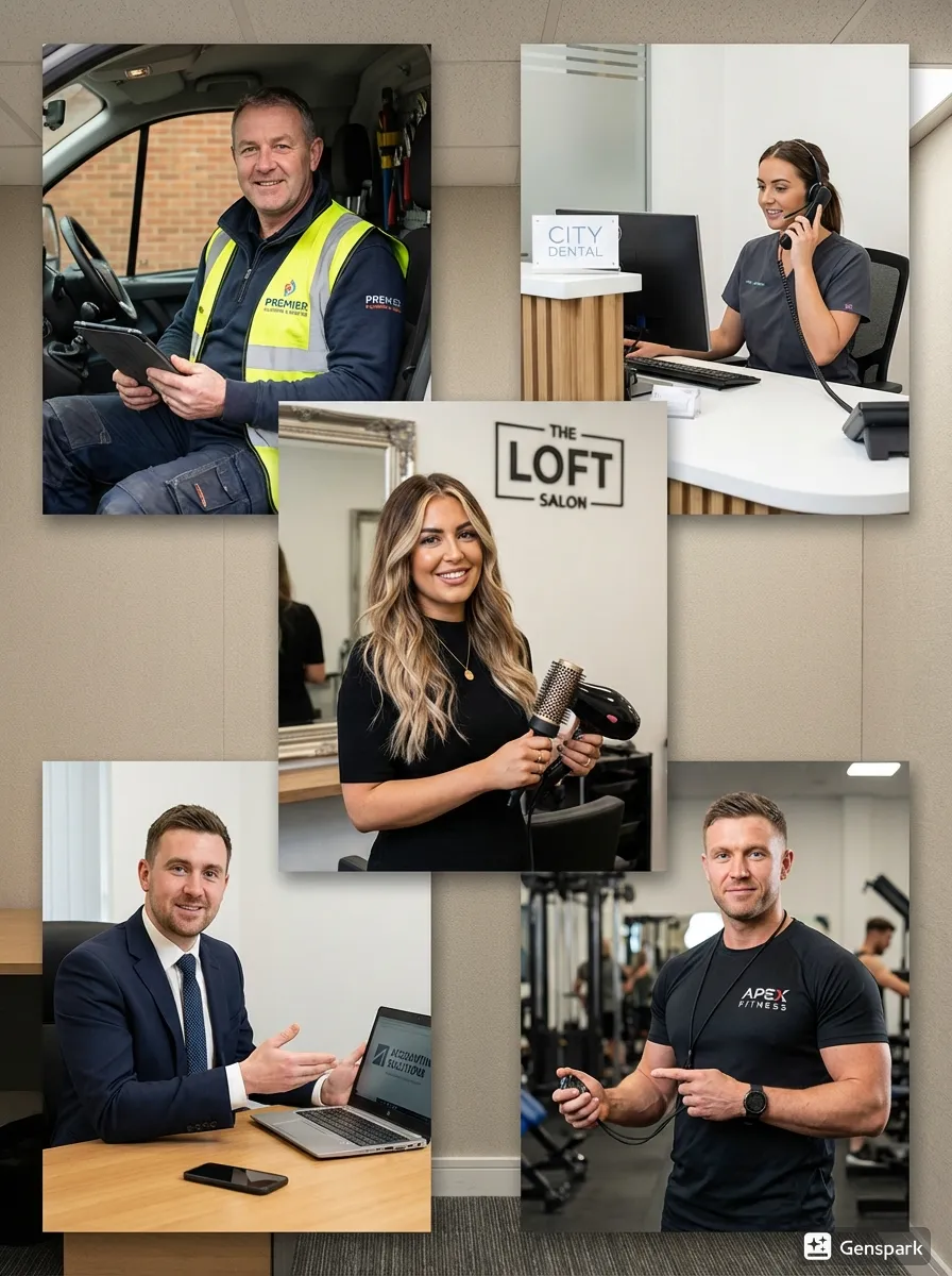 A diverse group of UK business people working efficiently on-site, confident that their businesses are being managed by a professional Voice AI receptionist that answers every call and books jobs automatically