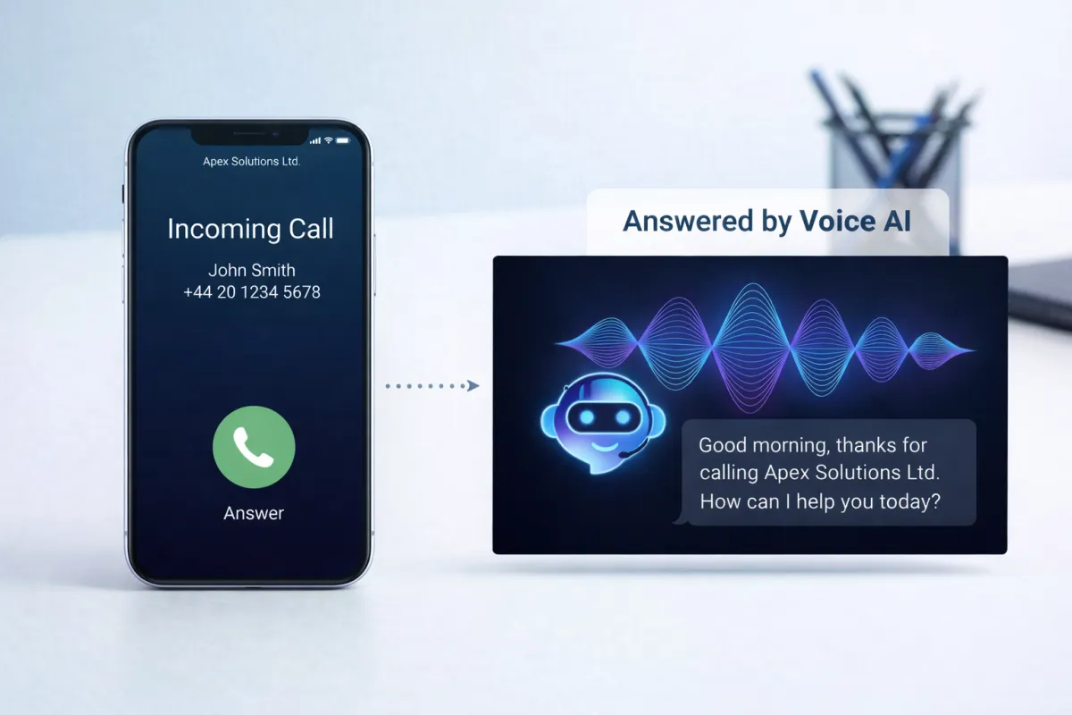 A smartphone displaying an incoming business call being intercepted and answered by an intelligent Voice AI receptionist to provide 24/7 automated phone support