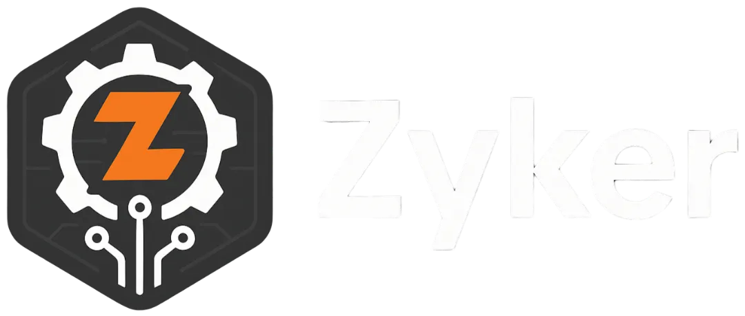 Zyker logo with gear and circuit icon representing AI automation platform