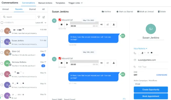 Zyker unified inbox interface combining texts, emails, and chats in one dashboard