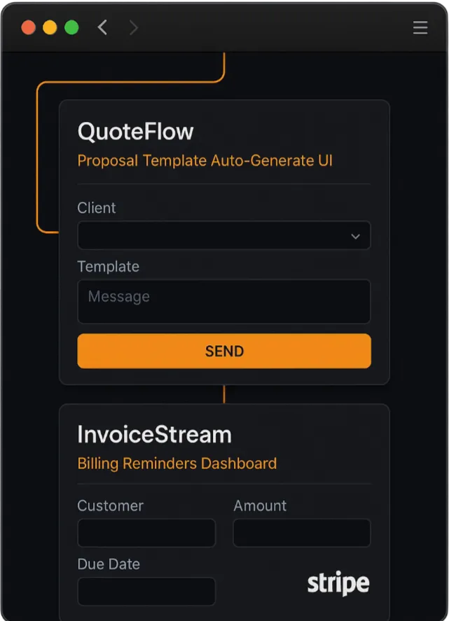 Zyker automation dashboard showing QuoteFlow proposals and Stripe invoice reminders