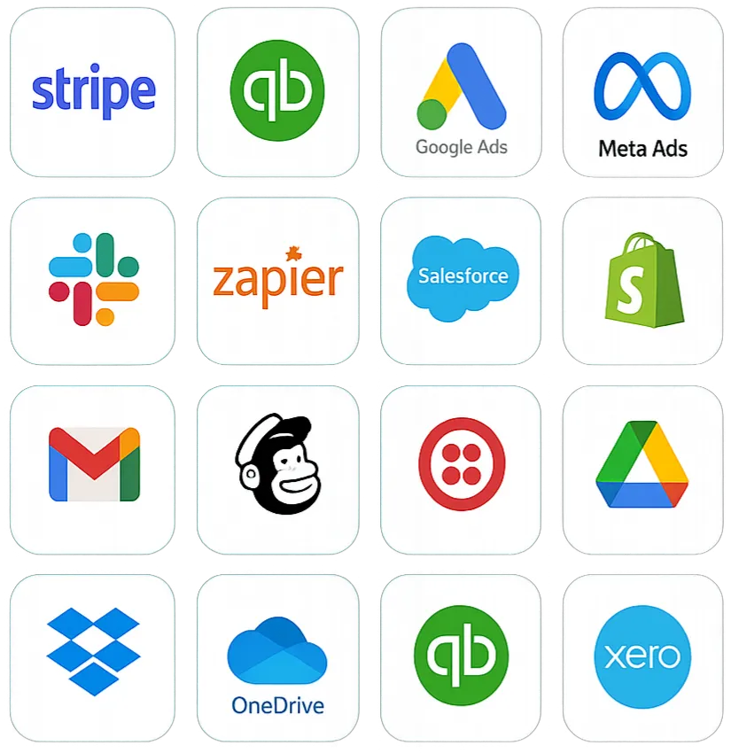 Icons of app integrations supported by Zyker, including Stripe, QuickBooks, Google Ads, Meta Ads, Shopify, Zapier, and Salesforce