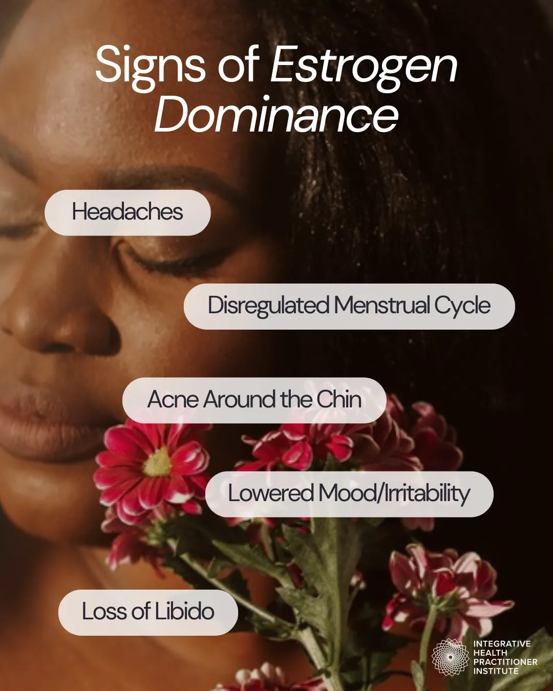 Signs of Estrogen Dominance include headaches, irrregular menstrual cycle, acne, and mood changes.