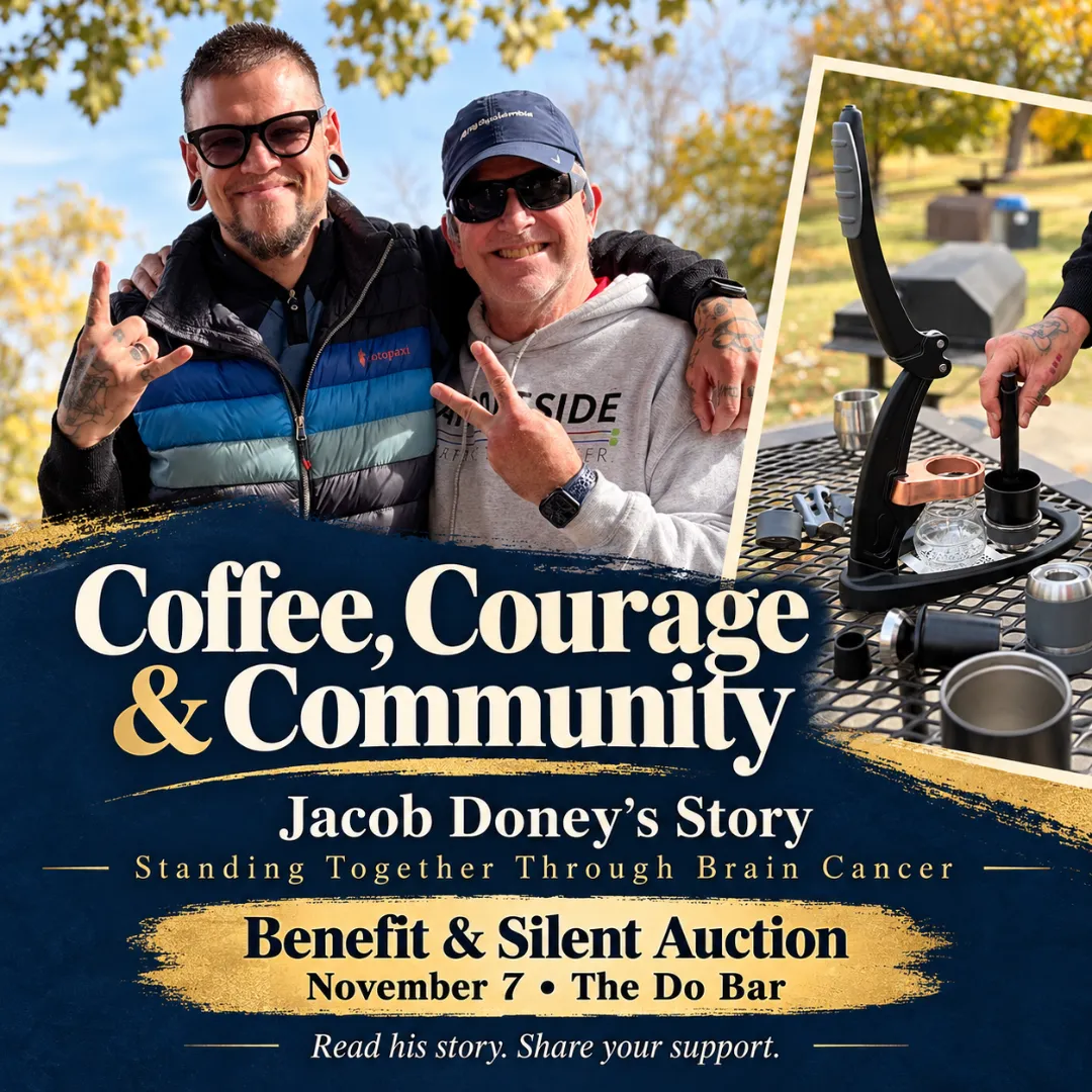 Jacob Doney and Jayson Olthoff at Giant Springs, alongside Jacob’s portable espresso setup, with details for his November 7 cancer benefit at The Do Bar.