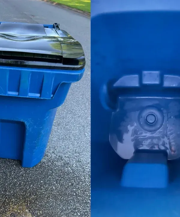 Blue recycling bin lid close-up