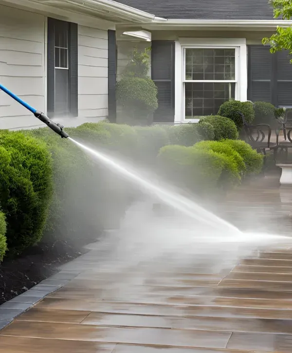 Pressure washing a residential patio and walkway near the home exterior.