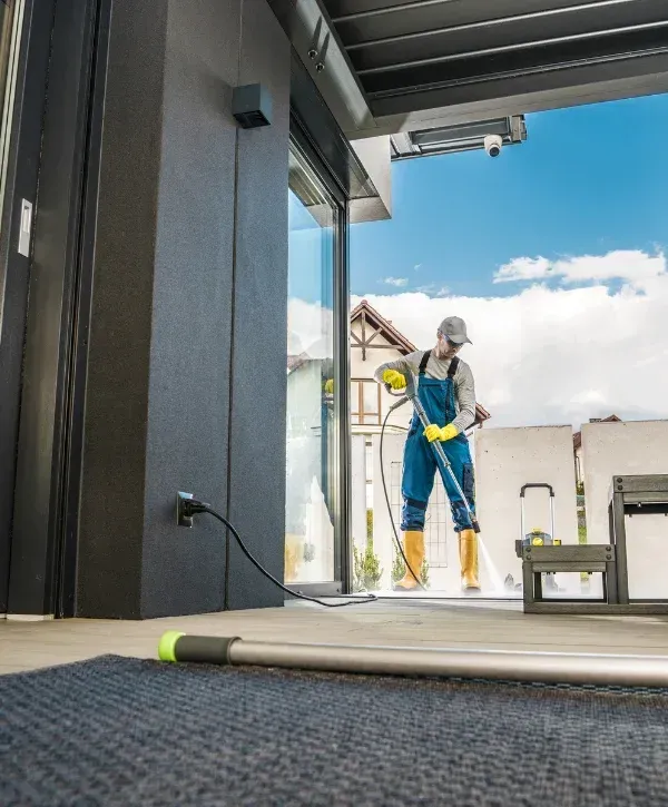 A man in overalls and yellow boots power-washing a patio with a high-pressure washer on a sunny day.