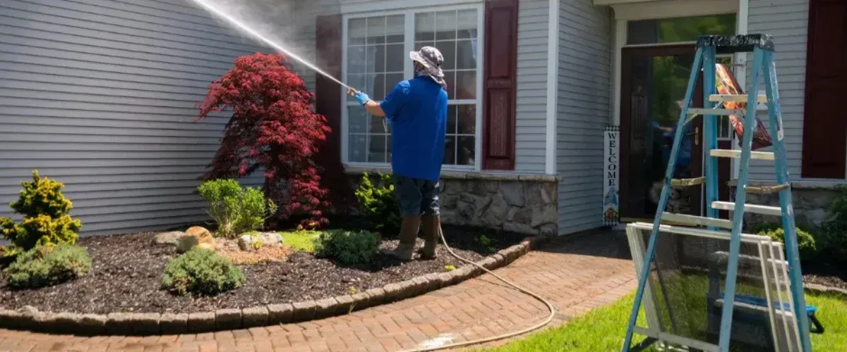 A person in a blue shirt and hat power washing the gray siding of a house near a vibrant red Japanese maple tree.
