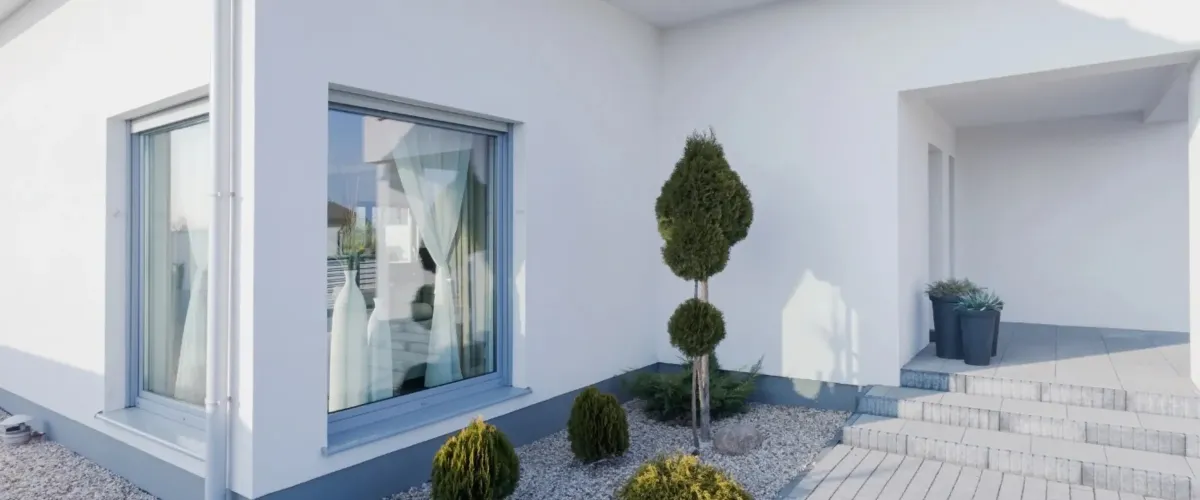 Exterior of a modern white house with a large window, landscaped garden with topiary plants, and stone steps.
