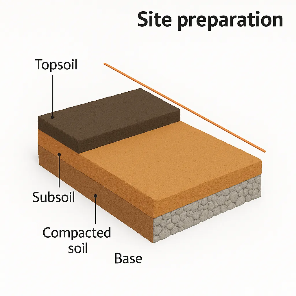 3D cross-section of a prepared construction site showing layered soil: base layer of gravel, compacted soil, subsoil, and topsoil, with an orange layout string line above.