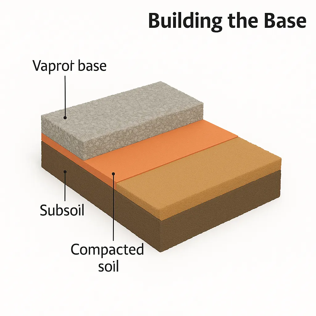 3D diagram of base construction for a slab: subsoil, compacted soil, orange vapor barrier, and gravel base, all clearly labeled in an isometric cutaway.