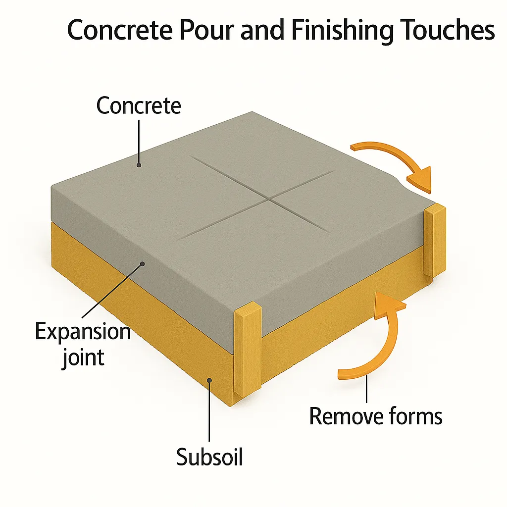 3D slab illustration showing poured concrete with expansion joints and orange arrows indicating removal of wooden formwork, sitting atop a subsoil base.