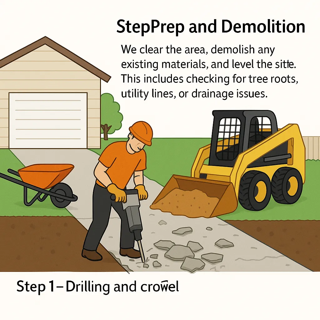  Cross-section of residential driveway showing compacted gravel base, steel rebar reinforcement, and subsoil with a house backdrop.