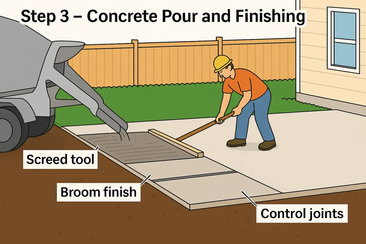 Worker leveling freshly poured concrete with a screed tool; concrete truck in background, with labeled broom finish and control joints.