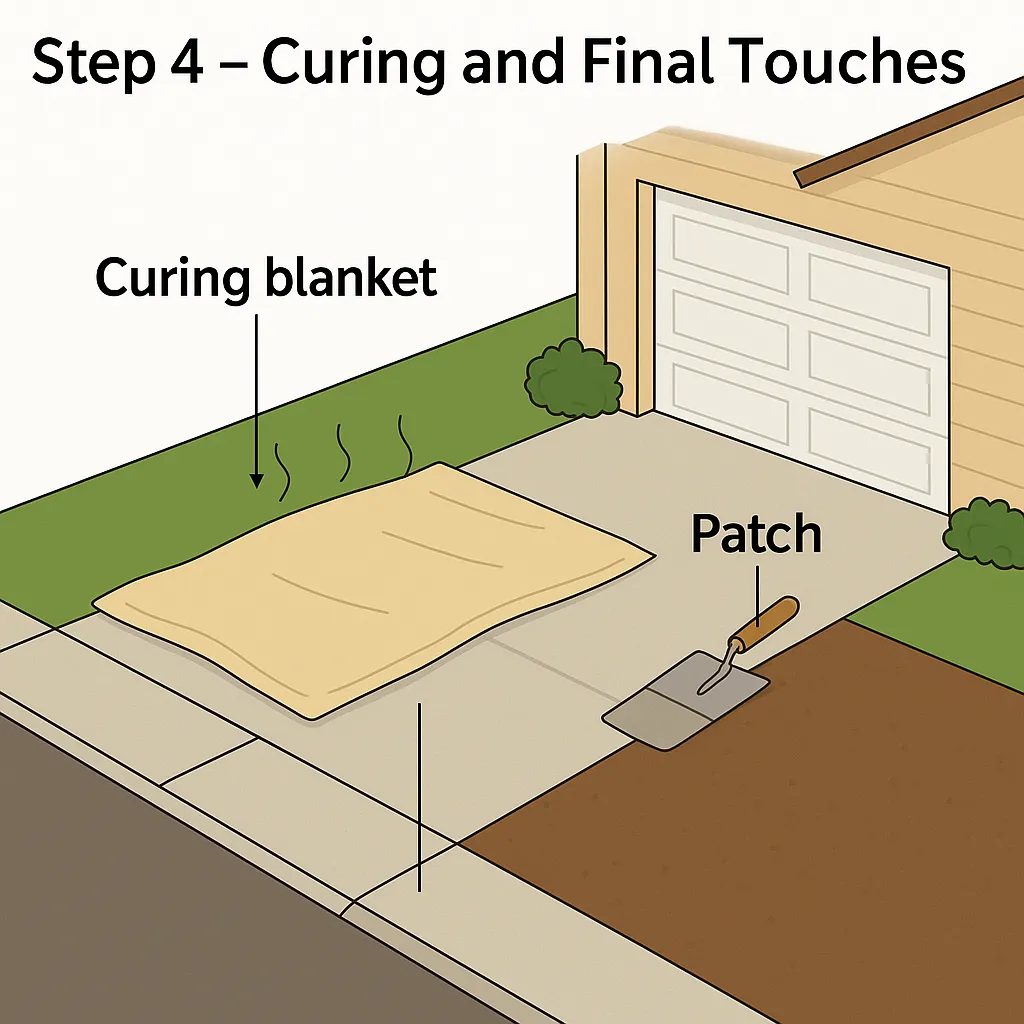 Curing blanket covering a new concrete driveway slab with labeled patch repair and suburban garage in background.