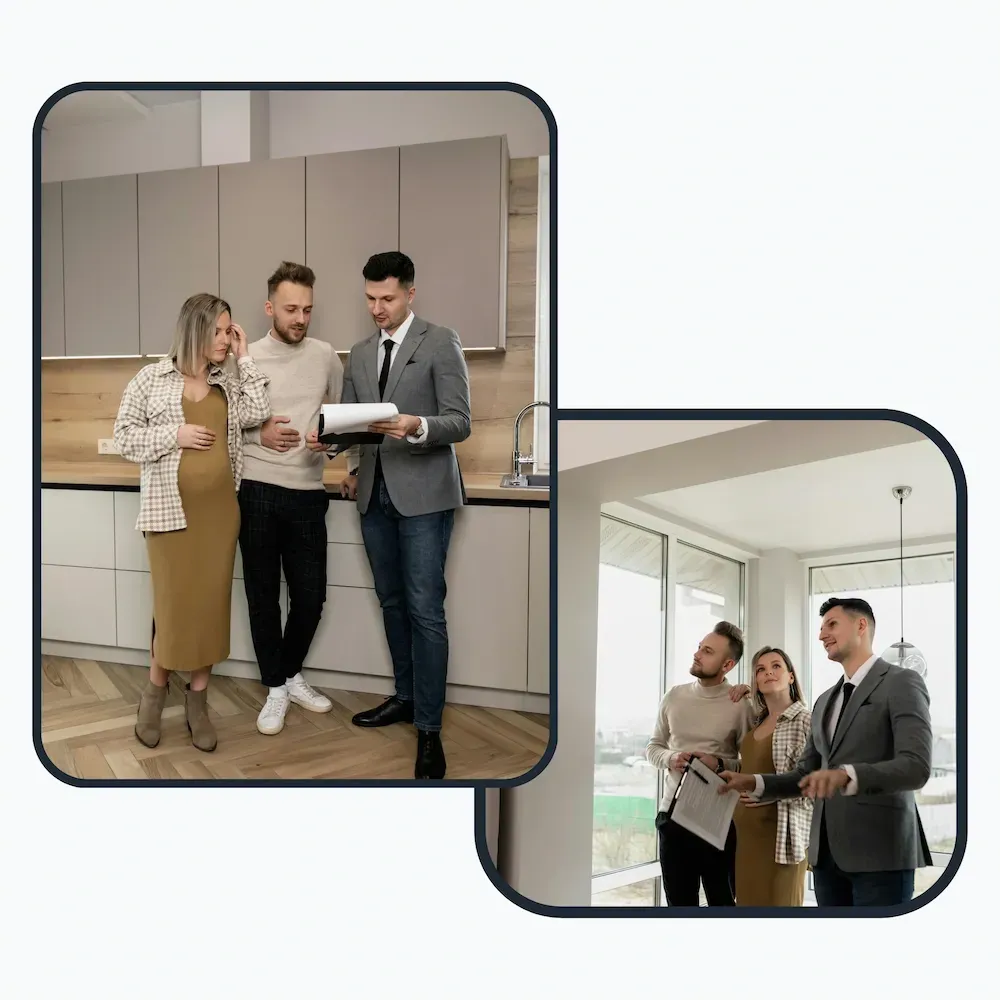 A couple consults with a realtor in a modern kitchen, examining documents. In another room, they discuss and gaze out large windows. Professional and hopeful tone.