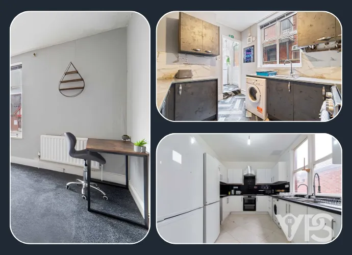Collage of three home interiors: a minimalist room with a desk and chair, a compact kitchen with dark cabinets, and a bright kitchen with white cabinetry.