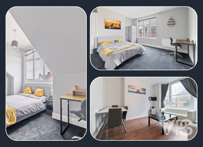 Three-room collage: a cozy bedroom with grey tones, yellow accents, skylight; second bedroom with dual beds, calming decor; modern living area with dining space.