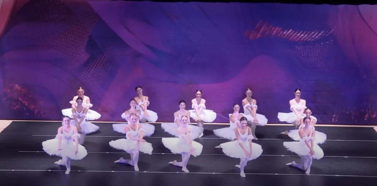 Group of young dancers on stage in purple costumes during recital
