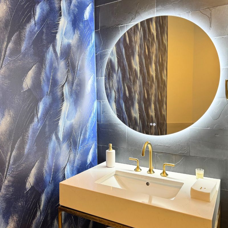 Austin bathroom remodel with freestanding modern vanity and lit mirror with dramatic & modern accent wall