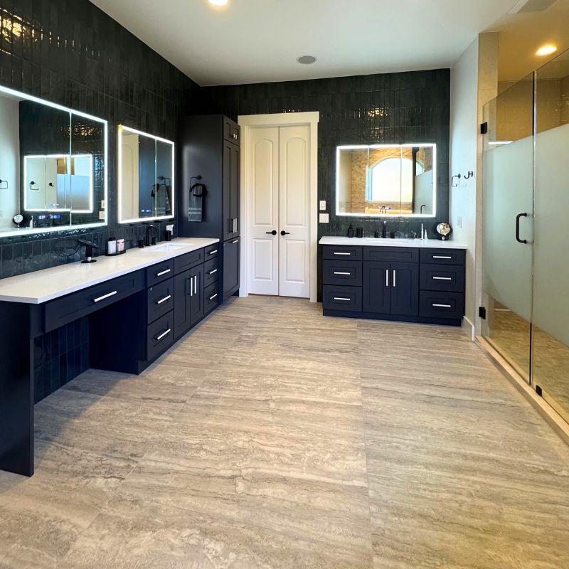 Luxury primary bathroom suite transformation with beautiful vanity and walk-in shower, Austin TX