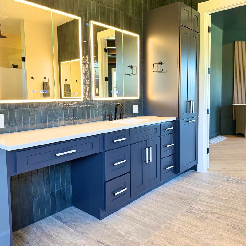 Luxury primary bathroom ensuite modern with custom vanity and walk-in shower, Austin