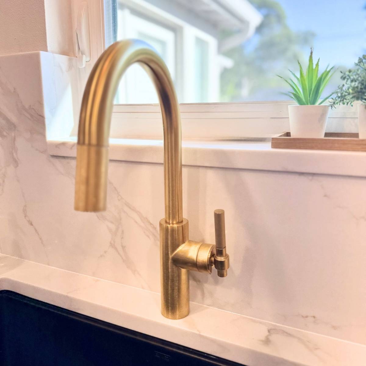 Austin kitchen after new gold hardware