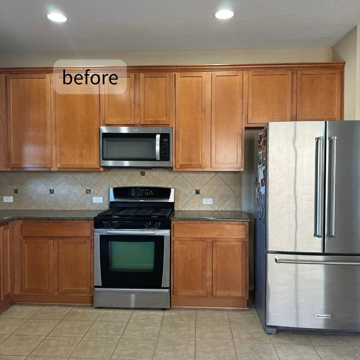 Before: Dated Austin kitchen with dark oak cabinets, laminate counters