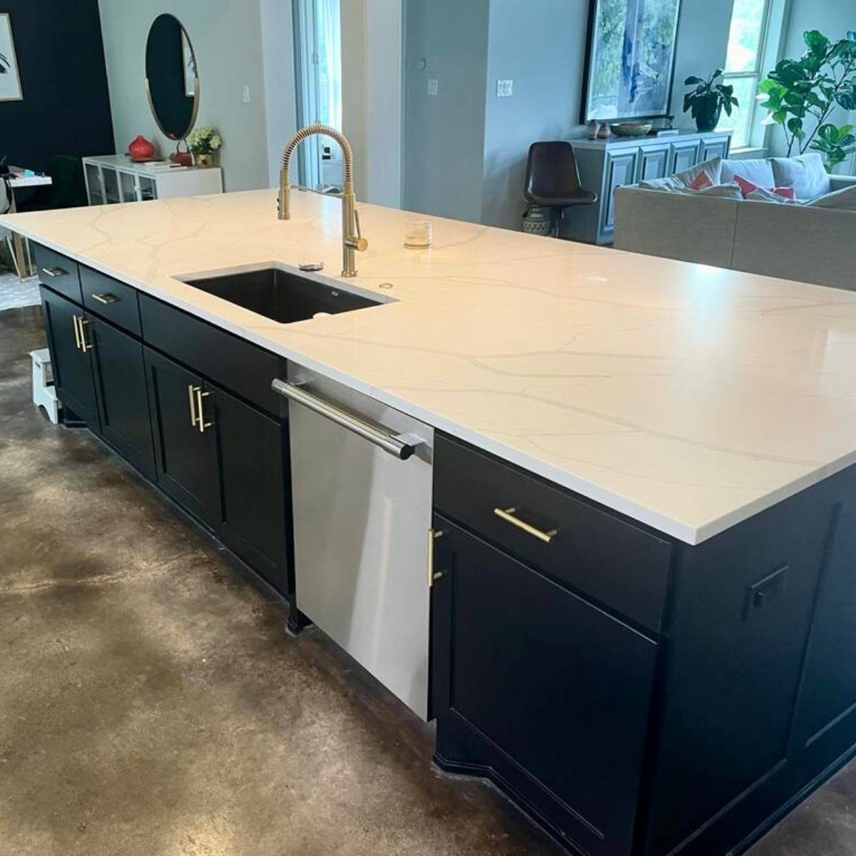 After: Bright modern Austin kitchen renovation - quartz island and pendant lights