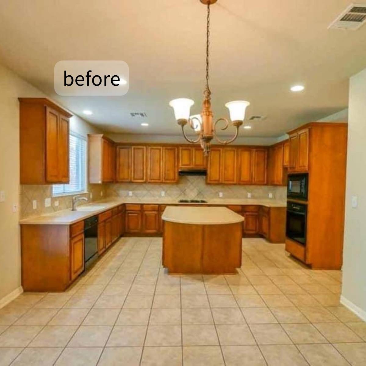 Before: Dated Austin kitchen before ATX Custom Remodel - wood cabinets and old flooring