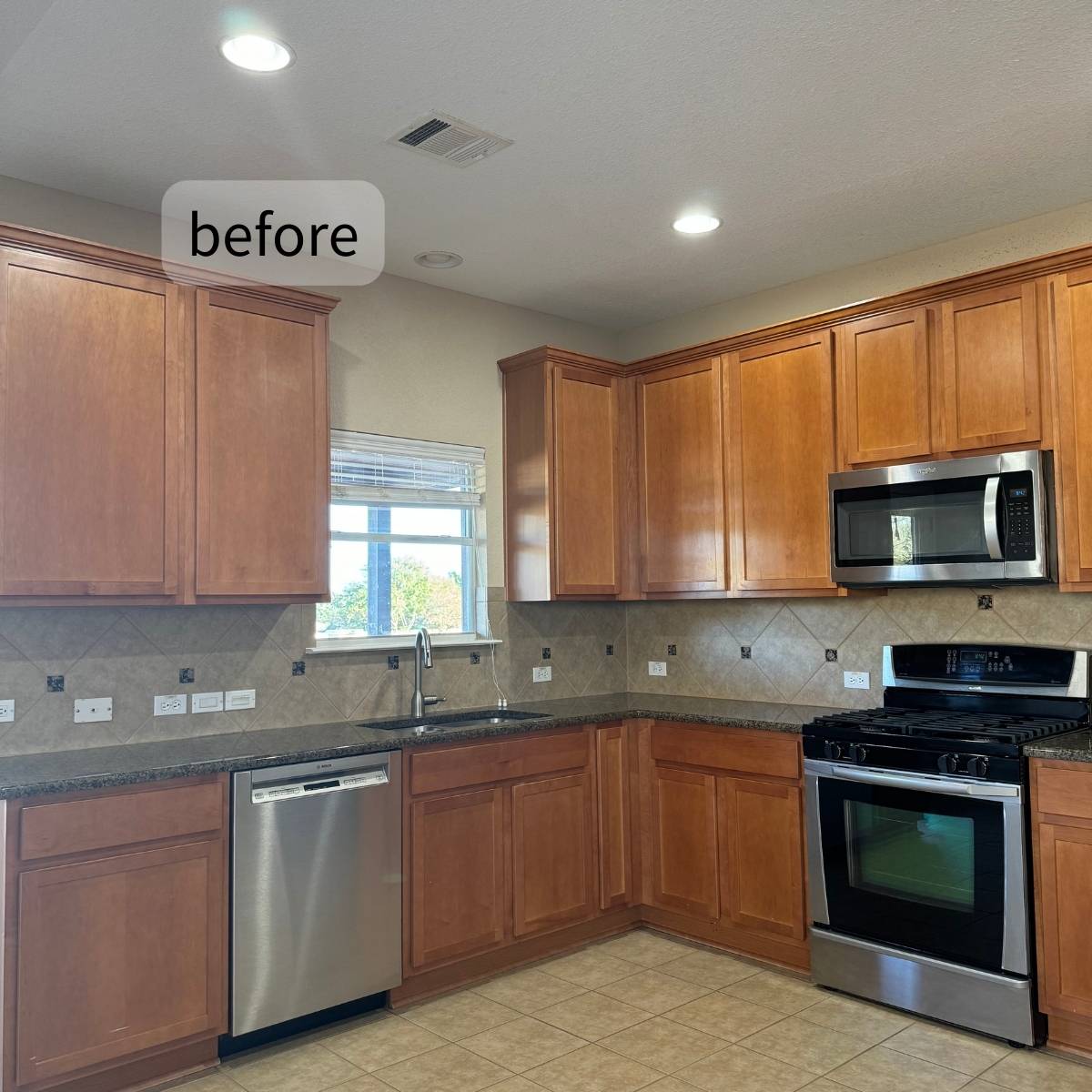 Before: Dated Austin kitchen with dark oak cabinets & old counters