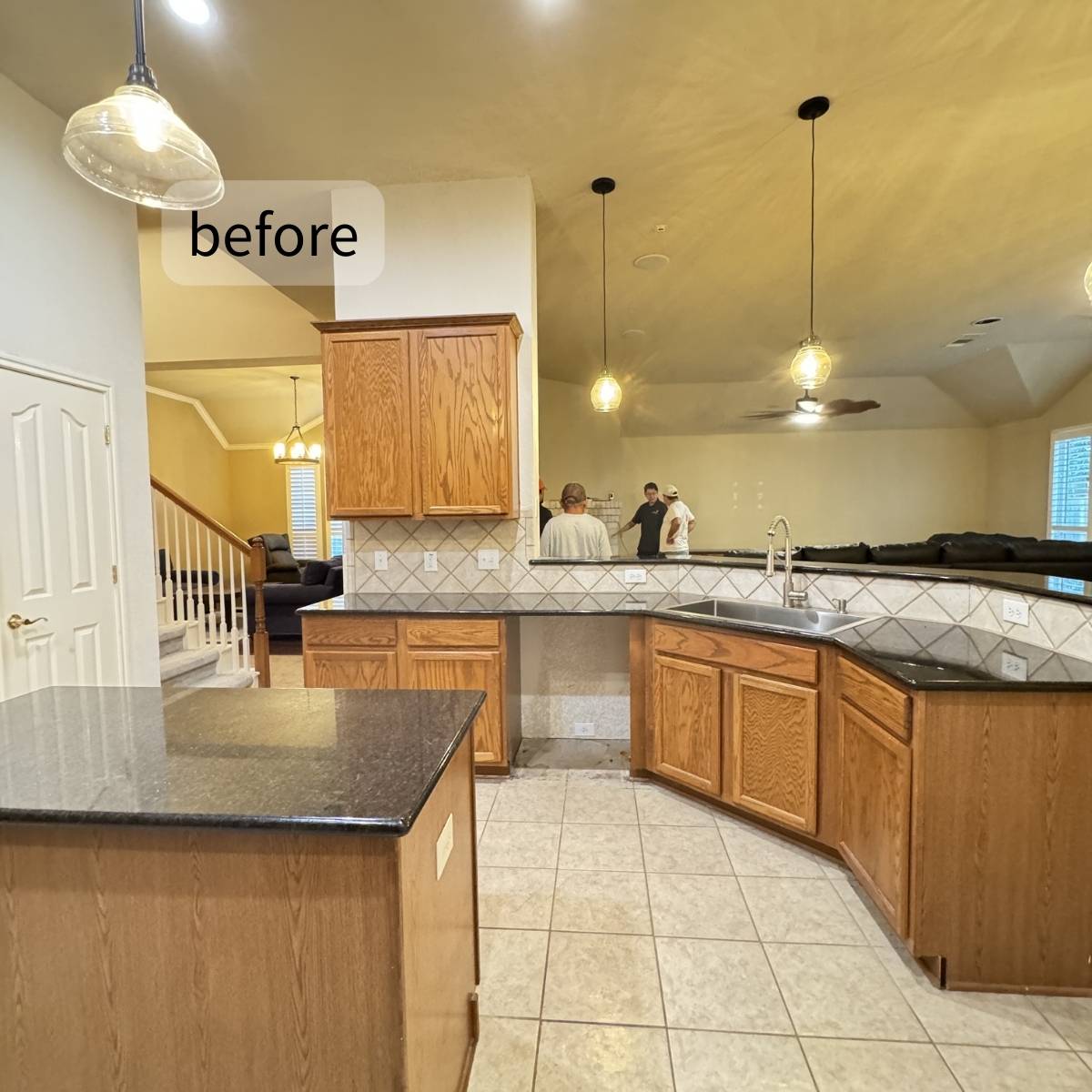 Before: Cramped 1980s Austin kitchen remodel - closed layout and worn linoleum floors