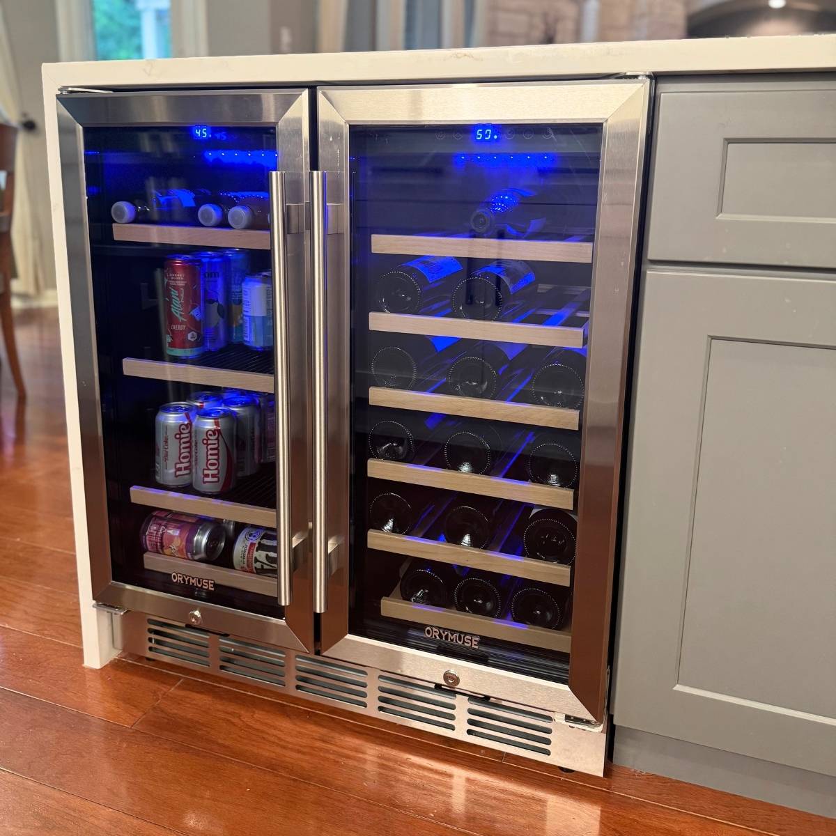 After: Bright modern Austin kitchen renovation - grey cabinets & large island with modern wine fridge