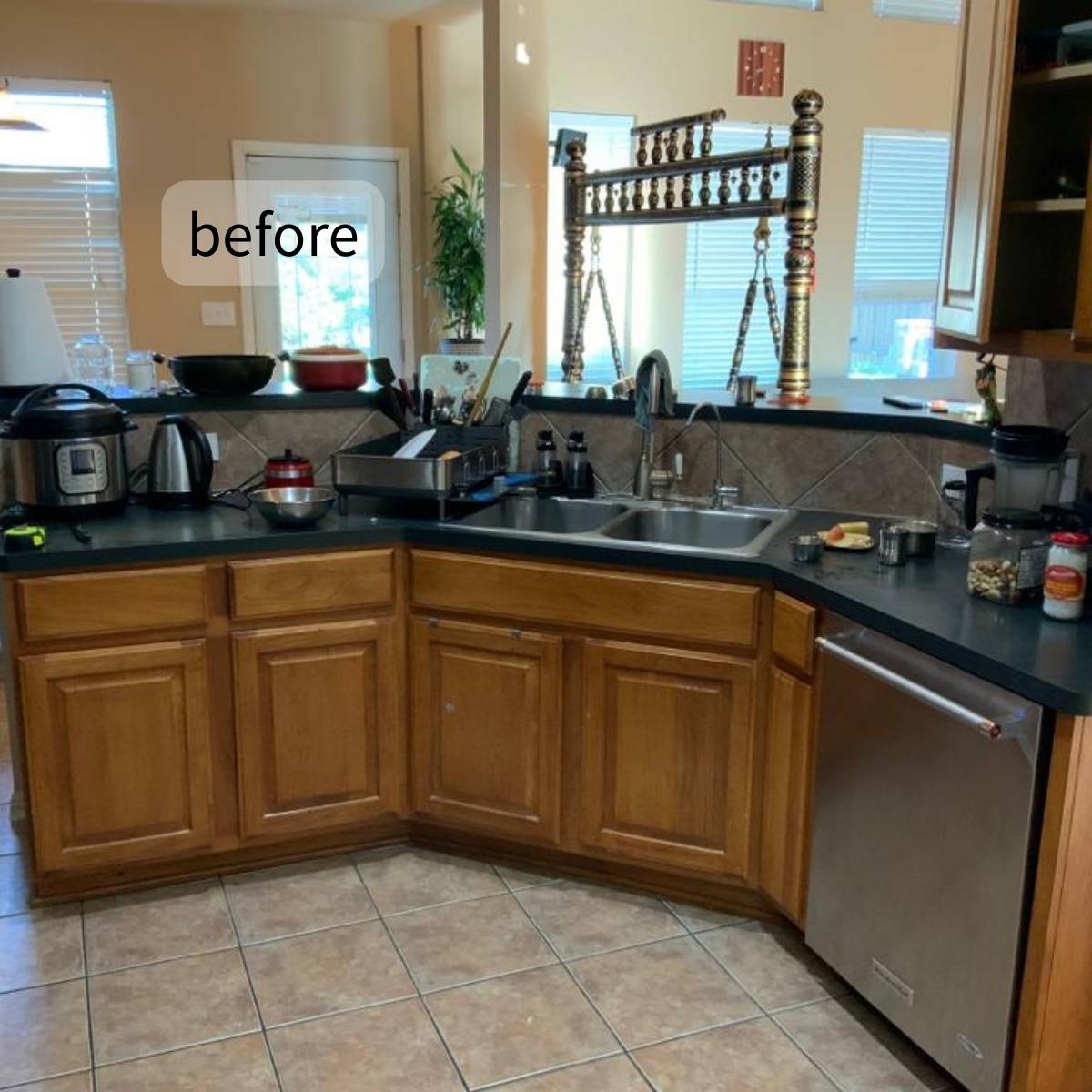 Before: Cluttered Austin kitchen before ATX Custom Remodel - no pantry and tiny workspace
