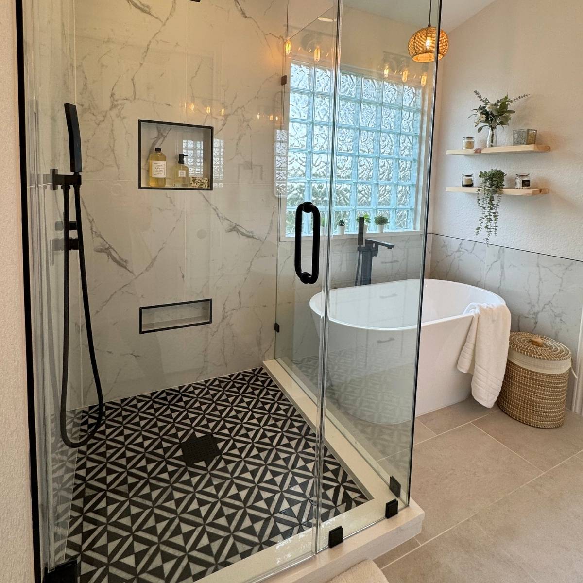 Spa-Like primary bathroom after renovation with freestanding tub and custom walk-in shower