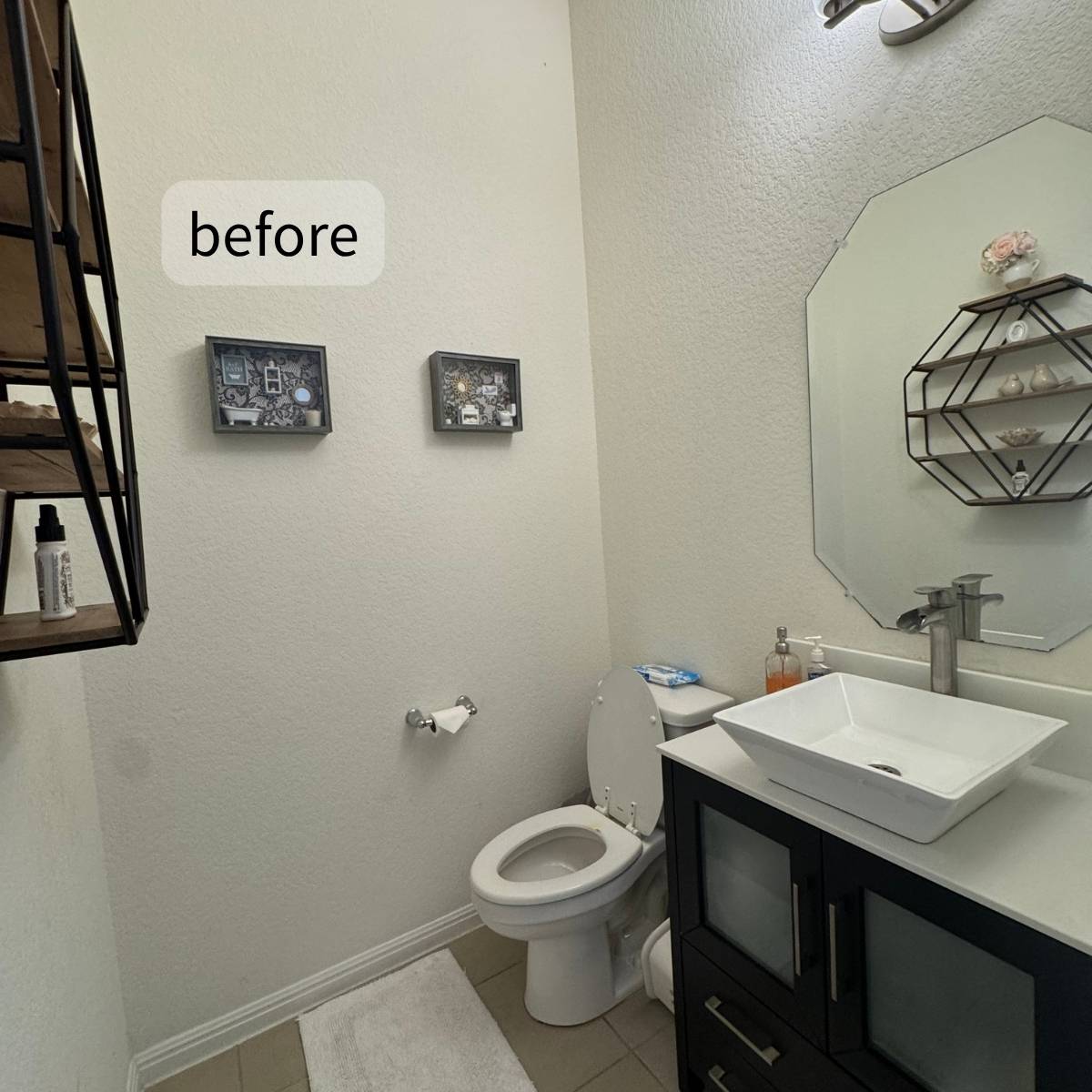 Outdated powder room before remodel showing old flooring and basic mirror