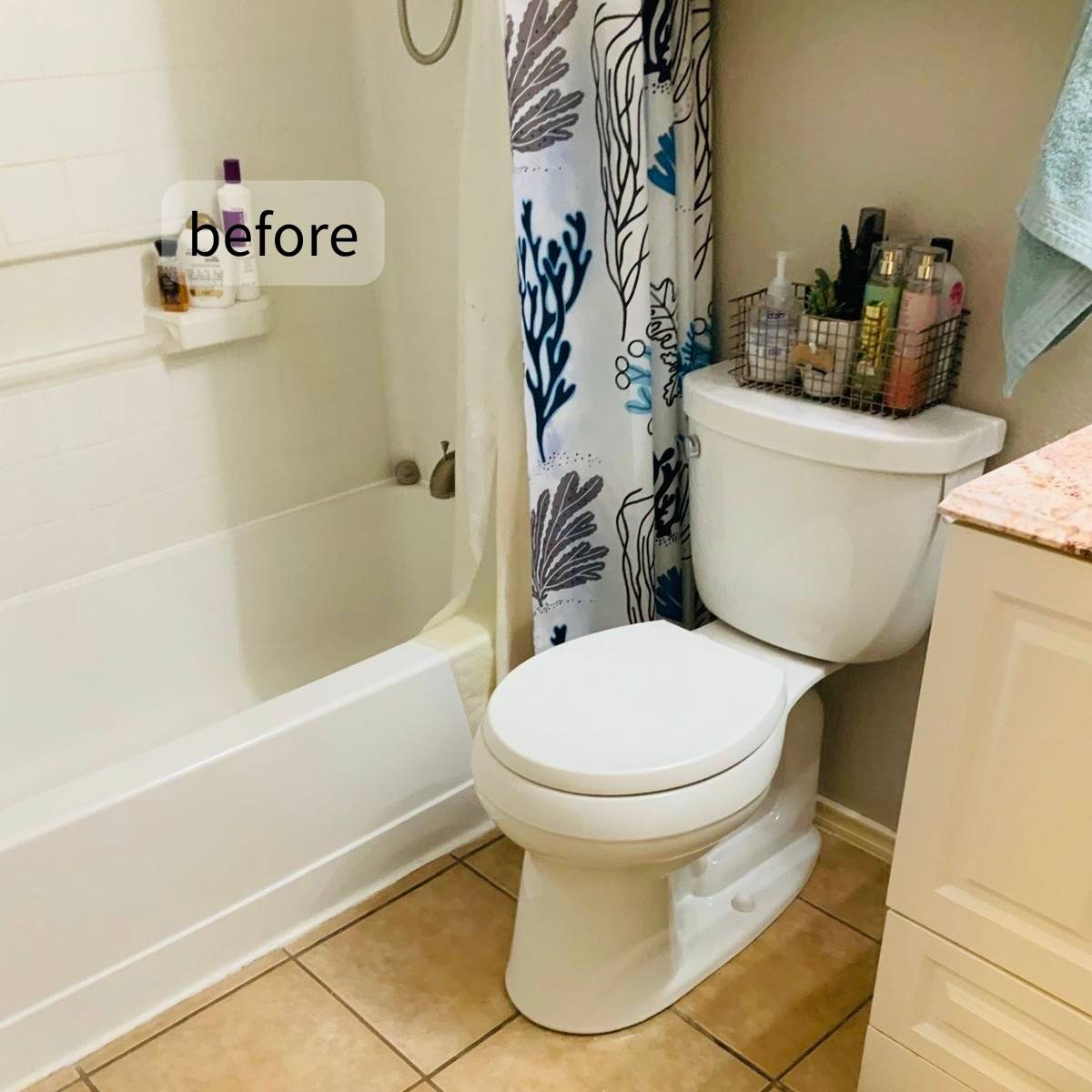 outdated bathroom before renovation with limited storage and old features in Austin